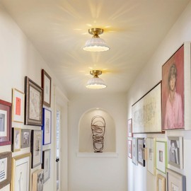 Vintage Ceramic Semi Flush Mount Ceiling Light - 2 Pack, Gold Hallway Light Fixture, Mid Century Small Close to Ceiling Lamp，Unique Flush Lighting Fixtures for Entryway Laundry Room Kitchen Cottage