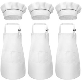Catime 3 Set Groß Kinderschürze und Kochmütze Set, Weiße Kinder Schürzen, Verstellbare Kochschürzen Für Kleinkinder, Kinder Bemalen Schürze Kochschürze mit 2 Taschen Für Alter von 6–13 Jahren