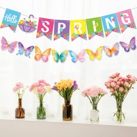Hello Spring Banner Colorful Spring Break Paper Banner Colorful Butterflies Flowers Garland Hanging Swirls Streamer Holiday Hanging Decorations Easter Party Decors Supplies