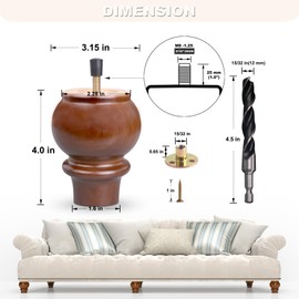 DWYL & LWYD 4 Inches Wood Furniture Legs Set of 4,Heavy Duty Rubber Wood Legs Replacement Sofa Legs Couch Legs Cabinet Legs Wooden Legs for Furniture (Walnut Finish,4 Inches Height)