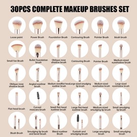 Brochas de Maquillaje Profesional 30 Piezas Kit, Set de Brochas Cosméticas Multifunction, Incluye 30 Brochas Y Una Bolsa de Tela, Ideal para Regalo Y Uso Diario (Marrón)