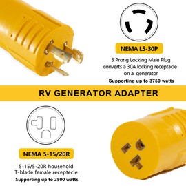 30 Amp Shore Power Adapter - NEMA L5-30P to 5-15R/5-20R Twist Lock Plug RV & Marine Generator Connector, 110V/120V Household Outlet Converter with 3-Prong Locking Safe and Reliable Power Supply