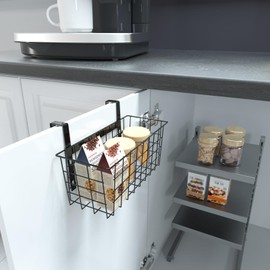 MaraFansie Basket with Hook, Grid Storage Basket, Over the Cabinet Door Organizer, Wire Hanging Basket with Hook Over the Railing, Under Sink Kitchen Cabinet, Pantry, Bathroom, Black, 4 Pack