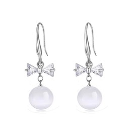 Generic Elegant Sterling Silver Cubic Zirconia Bow and Faux White Cat-Eye Opal Drop Earrings - Hypoallergenic Fashion Jewelry for Women (Round)