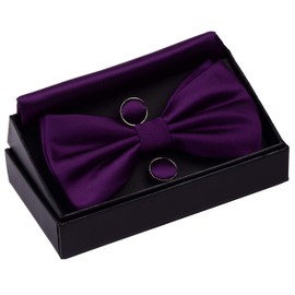 Gusleson Mens Solid Purple Bow Tie Pre-tied Wedding Bowtie and Pocket Square Cufflink Set With Box (UK0570-02)