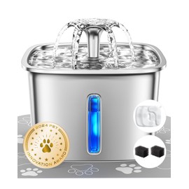 Veken Innovation Award Winner Stainless Steel Cat Water Fountain, 95oz/2.8L Automatic Pet Fountain with 3 Replacement Filters & 3 Pre-Filter Sponges & Silicone Mat for Cats, Dogs (Silver)