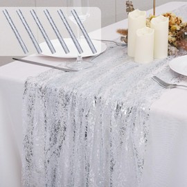 6PCS Silver Table Runner 10Ft Sheer Chiffon Fabric Cheesecloth Sequin Glitter Table Runner for Wedding Birthday Party Decor