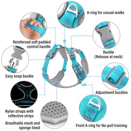 Plutus Pet No Pull Dog Harness, Release At Neck, Reflective Adjustable Dog Vest Harness, Easy Control Handle for Walking, for Small Medium Large Dogs, Cyan, L
