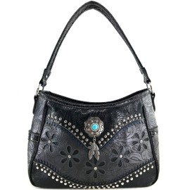 Justin West Turquoise Stone Concho Feathers Western Tooled Studs Concealed Carry Handbag Purse (Black Purse Only)
