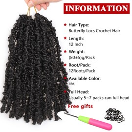 Xtrend 12 Inch 6 Packs Butterfly Locs Crochet Hair Black Messy Distressed Faux Locs Crochet Braids Pre Looped Soft Locs Hair for Black Women #1B