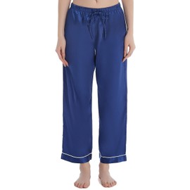 Lavenderi Women's Silk Satin Pajama Pants, Long Sleep Pants with Drawstring (Royal Blue, X-Large)