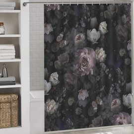 Black Floral Shower Curtains, Retro Vintage Boho Floral Peony Rose Flower Blossom Botanical Plants Aesthetic Art Decor Chic Waterproof Fabric Bathroom Shower Curtain Set with Hooks, 72"x72" Inch