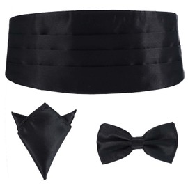 Cumberbund and Bow Tie Set, Adjustable Solid Color Satin Tuxedo Cummerbund and Bow Tie Pocket Squares for Weddings and Formal Events, Gentleman Suit Accessories(Black)