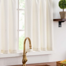 Vangao Waffle Net Curtains, Bistro Curtain, Privacy Kitchen, Plain Light Filtering, Window Curtain for Cafe, Short Window, Small Window, Country House, 90 x 90 cm (W x H), Set of 2, Beige