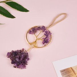 WEWAYSMILE Healing Crystal Ornament Tree of Life Natural Amethyst Tree of Life Charm Car Mirror Accessories Hippie Boho Interior Room Wall Decoration Meditation Good Luck Decoration