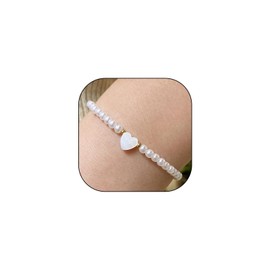 Dainty Pearl Beaded Heart Bracelets for Women, Cute 14K Gold Round Bead Love Bracelets Link Chain Round Pearl Bangles Trendy Jewelry Accessories Gift (Heart)