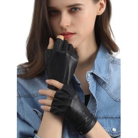 GSG Women's Driving Gloves Fingerless Leather Motorcycle Gloves Unlined Half Finger Black Large