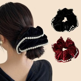 [VIISEN] Hair Rubber Scrunchy Pearl Hair Elastic Adult Stylish Set of 2 Hair Elastic Hair Accessories High Elasticity Hair Closure Rubber Band Women's Elegant Velour Pearl Hair Elastic (A)
