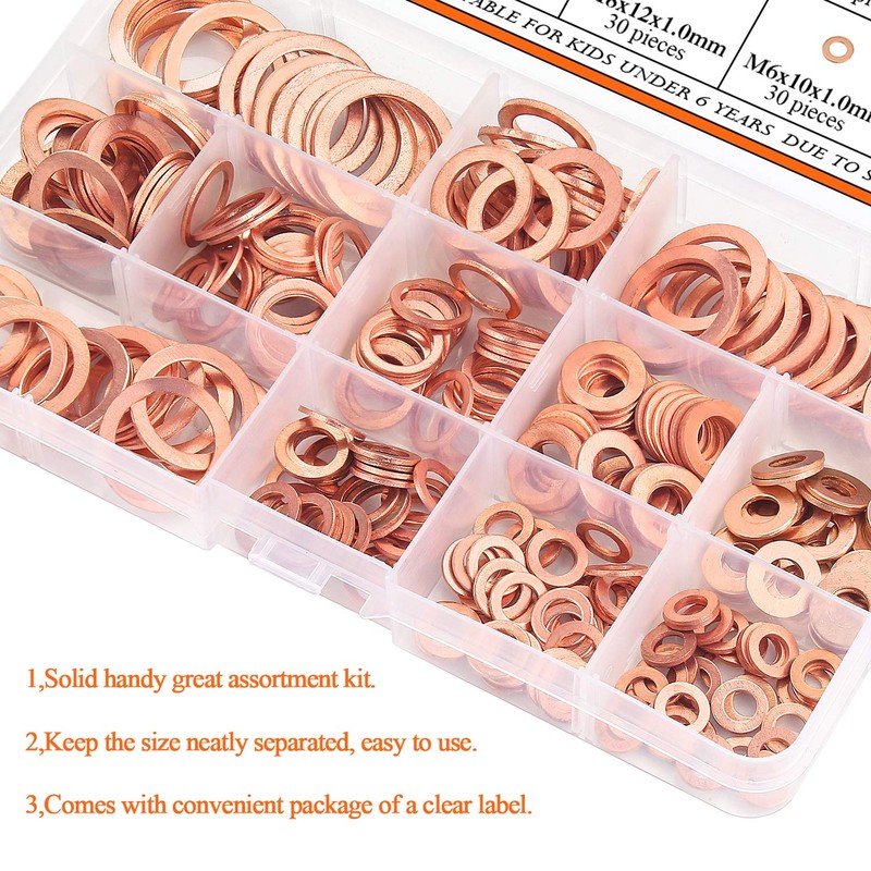 Copper Washer Assortment Set, HELIFOUNER 300 Pieces 12 Sizes Copper