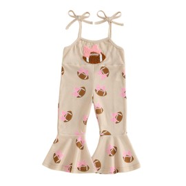 SYOKUP Toddler Baby Girl Football Outfit Bow Embroidery Spaghetti Strap Romper Bell Bottoms Jumpsuit One Piece Clothes (Khaki, 0-6 Months)