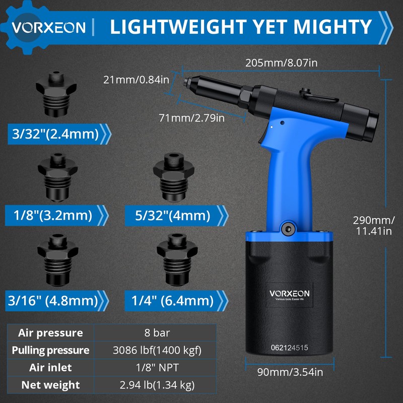 VORXEON Self Suction Pneumatic Rivet Gun Kit 3/32" - 1/4"