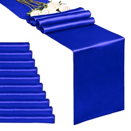 Paquete de 10 caminos de mesa de satén de 12 x 108 pulgadas de largo, color azul real, para bodas, decoraciones para fiestas de cumpleaños, banquetes, graduaciones, compromisos, caminos de mesa para