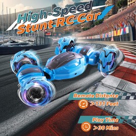 Remote Control Car, 2.4Ghz 4WD RC Stunt Car with Tyre Cool Lights, All Terrain Twist Rotating Off Road RC Drift Car Toy for Boys Age 4+ Year Old Kids Toys Car Boys & Girls Birthday, Blue