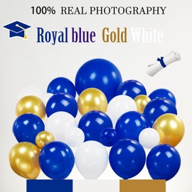 120PCS Graduation Balloon Garland Arch Kit with Graduation Cap Certificate Letter Star Mylar Foil Balloons for Class of 2025 Grad Prom Decorations Supplies (Blue Gold White)