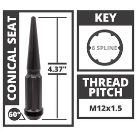 12x1.5 Spike Lug Nuts 4.37" 6 Lug Install Kit Black