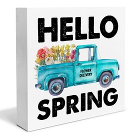 Spring Decor Farmhouse Hello Spring Flower Truck Wood Box Sign Spring Decorations Rustic Home Desk Shelf Tabletop Decor 5 x 5 Inches
