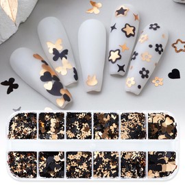 12 Grids Nail Art Glitter Black Gold Nail Sequins Designs Butterfly Stars Rabbit Flower Nail Confetti Supplies for Women DIY Manicure Nails Flakes Accessories (Gold Black)