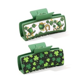 SHGarden Hair Clips, 2pcs St. Patrick's Day Hair Claw Clips, 4.1in Green Square Claw Clips, Green Irish Lucky Clover Grip Hair Jaw Clip for Thick Hair Accessories Party Deco SH0088 (Set 1)