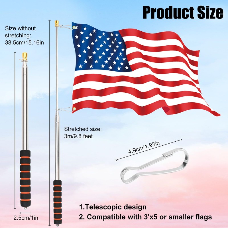 Sopoloray 9.8ft Telescopic Handheld Flagpoles with Clips,Stainless Steel Portable Flag