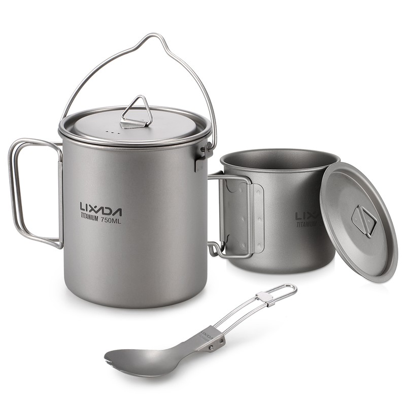 Lixada Lightweight Titanium 3 Pieces Set Titanium 750ml Pot 350ml