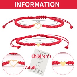 Mother and Daughter Matching Heart Bracelets Pink String Bracelets Mommy and Me Bracelets Heart Wish Set Back to School Gifts for Daughter Christmas Gift for Daughter(Red)