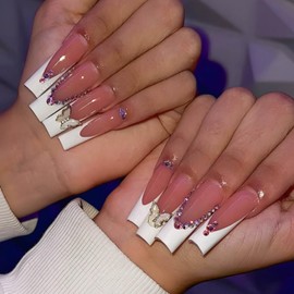 Gifiky 24Pcs French Tip Press on Nails - Long Coffin False Nails with Acrylic 3D Butterfly Crystal Gem Design, Nude Cute Fake Nails for Women,Reusable Glue on Nails Full Cover Tips