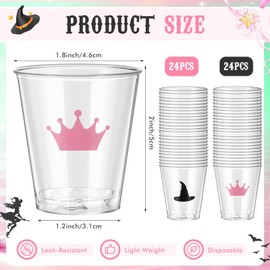 Qinyoung 48 Pcs 1.7 oz Witch Theme Party Decoration Clear Hard Plastic Shot Glasses Mini Crown and Wizard Disposable Shot Cup Pink and Black Cup Witch Movie Wedding Summer Birthday Party Supplies