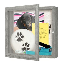FrameWorks 8x8 Deep Shadow Box Frame, Wooden Display Case w. Linen Board & Tempered Glass Door - Grey Woodgrain - Small - Wall Mounted