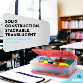 Enday Pencil Box Red, Large Capacity Plastic Double Deck Box with 12 Compartments, Plastic Pencil Box with Snap-Tight Lid, Hard Pencil Case Storage Organizer Pencil Boxes