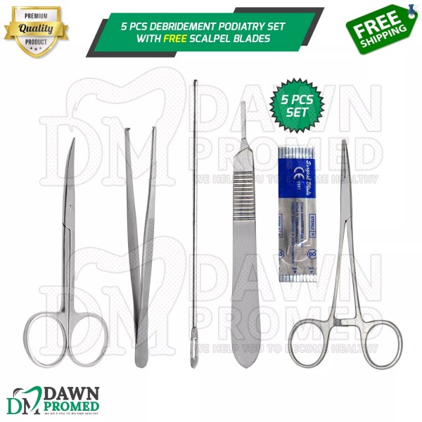 DawnProMed 5 Pcs Debridement Podiatry Set With FREE Scalpel Blades