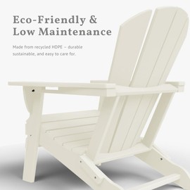Patio Kingdom Folding Adirondack Chair with Cup Holders, HDPE Plastic Outdoor Chairs, Weather Resistant, Real Wood Look for Patio, Deck, Fire Pit, Backyard, White