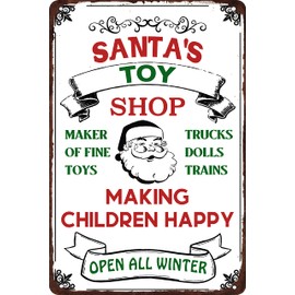 Santa's Toy Shop Metal Sign Vintage Christmas Tin Signs Christmas Decoration Santa Wall Decor For Home Kitchen Cafe 8x12 Inch