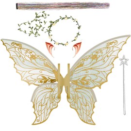 Fairy Wings for Adults and Girls，Fairy Costume Set with Floral Garland, Fairy Hair Tinsel, Wand & Elf Ears – 29"x21" Organza Butterfly Wings – Ideal for Cosplay, Party, Gold
