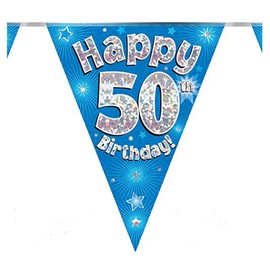 Happy 50th Birthday Blue Holographic Foil Party Bunting 3.9m Long 11 Flags