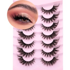 Fox Eye Lashes Fluffy Faux mink Eyelashes Wispy Cat Eye Long False Eyelahses Dramatic Cross Full Volume Strip Lashes Pack 7 Pairs