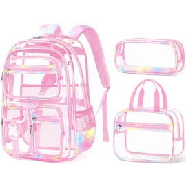 Fimibuke Clear Backpack for Girls, 3PCS Heavy Duty PVC Transparent Girls Backpack with Lunch Box & Pencil Case School Stadium Approved Cute Toddler School Bookbag for Preschool Kindergarten Elementary