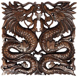 Asiana Home Decor Square Lucky Chinese Dragon Carved Wood Plaque Dark Brown Wall Art Size 17.5 Extra Thick