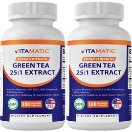 Vitamatic Green Tea Extract with Vitamin C, 25X Concentrate, 98% Polyphenols, 80% Catechins, 50% EGCG, 180 Veg Capsules- 2 Pack
