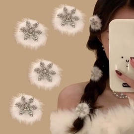 Snowflake Hair Clips Fluffy White Christmas Hair Accessories with Sparkly Rhinestone Snowflake Alligator Clips Hairpins Cute Snowflake Hair Barrettes for Women Winter Holiday Wedding, 4 Pcs