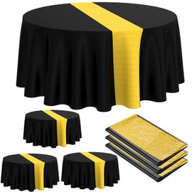 Remagr Round Plastic Tablecloth 84 Inch Graduation Decoration Disposable Tablecloth Party Table Cover for Wedding Birthday Anniversary Holiday Party Retirement Decoration (Black, Gold, 3 Pcs)